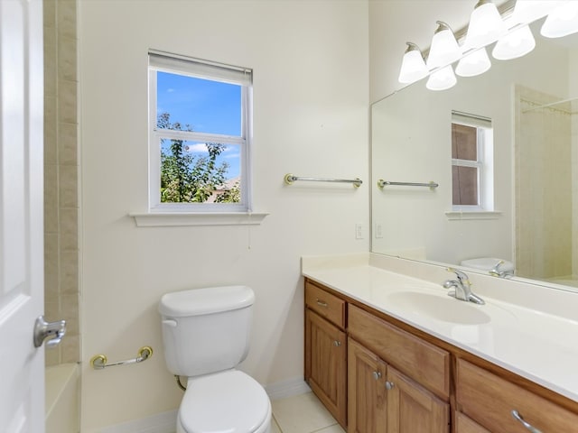 full bathroom with tile patterned flooring, vanity, shower / tub combination, and toilet