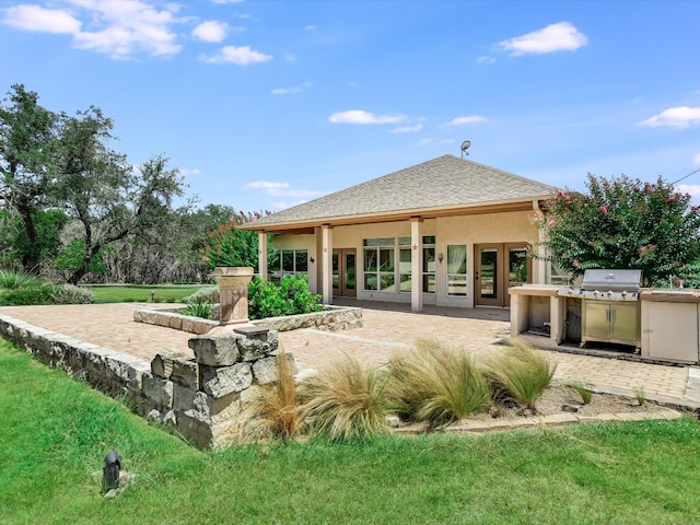 rear view of property with an outdoor kitchen, a patio area, and a yard