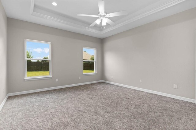 empty room featuring ceiling fan, carpet flooring, ornamental molding, and a tray ceiling