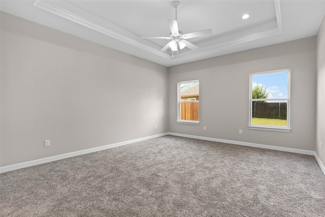 carpeted spare room featuring ceiling fan, a raised ceiling, and ornamental molding