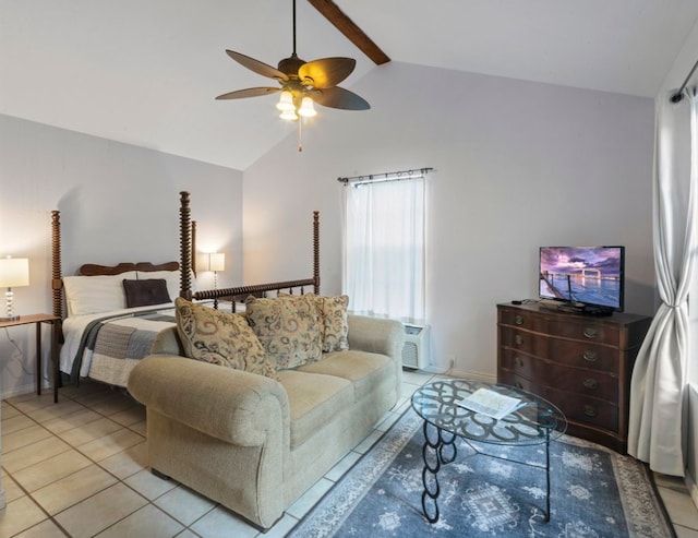 bedroom with lofted ceiling with beams, light tile patterned flooring, and ceiling fan