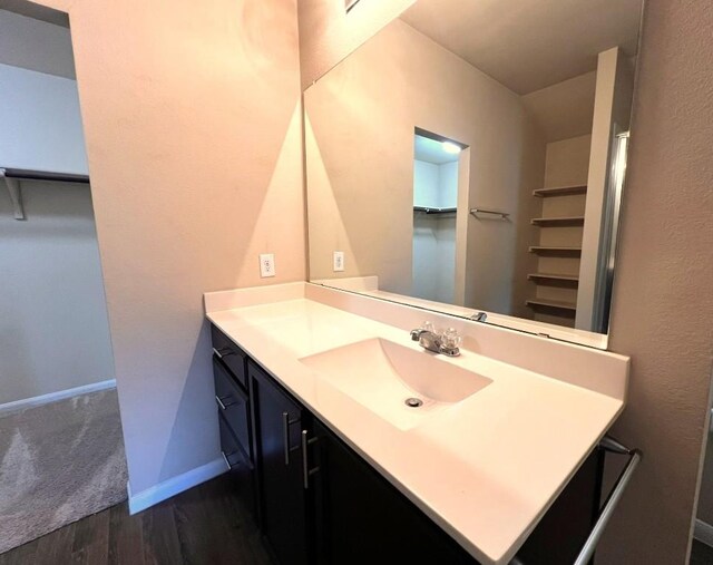 bathroom featuring hardwood / wood-style flooring and vanity