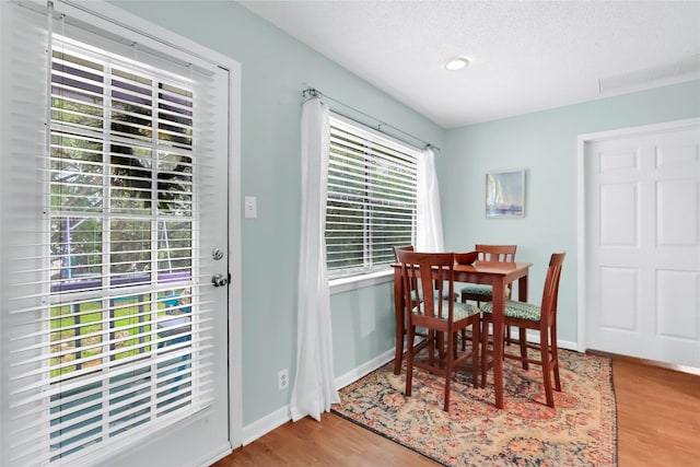 dining space featuring plenty of natural light, light hardwood / wood-style flooring, and a textured ceiling