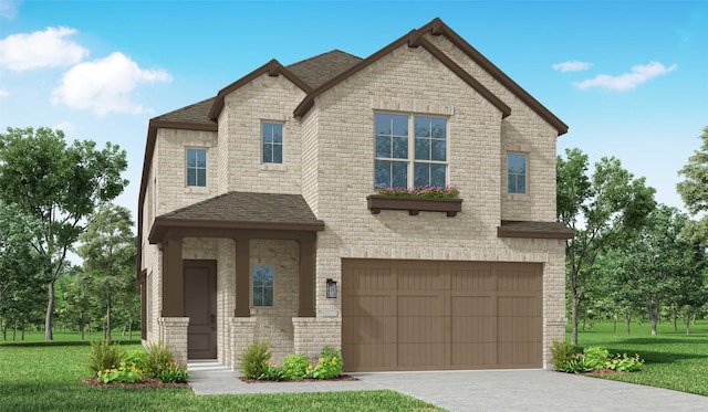 view of front of home featuring a garage and a front lawn