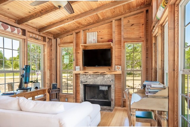 living area with wooden ceiling, wooden walls, wood finished floors, a ceiling fan, and a high end fireplace