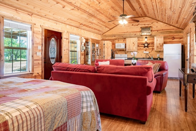 bedroom featuring sink, high vaulted ceiling, white refrigerator, light hardwood / wood-style floors, and wood ceiling