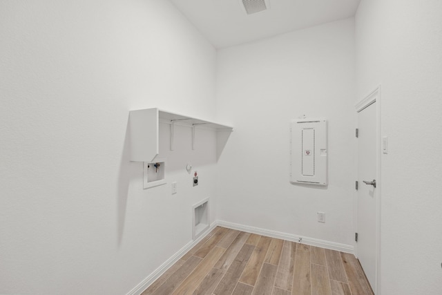 laundry area with laundry area, visible vents, hookup for a gas dryer, hookup for an electric dryer, and light wood-type flooring