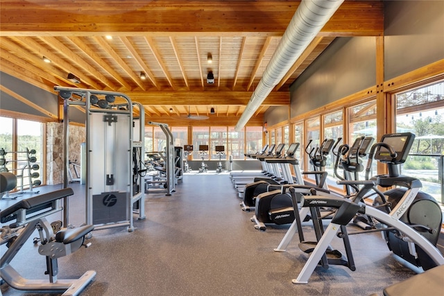 gym featuring wood ceiling