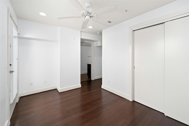 unfurnished bedroom featuring ceiling fan and hardwood / wood-style floors