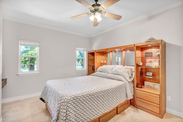 tiled bedroom featuring ornamental molding and ceiling fan