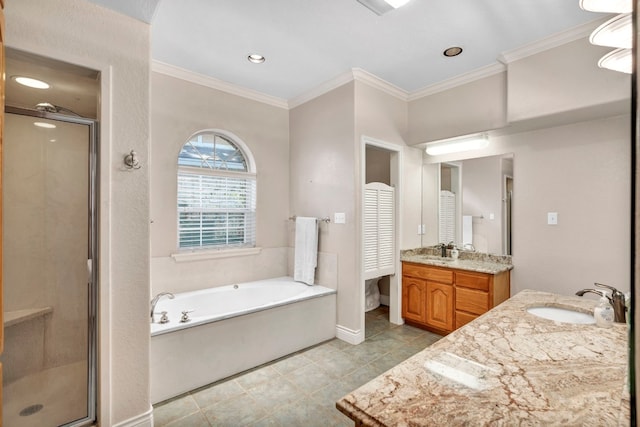 bathroom featuring shower with separate bathtub, vanity, tile patterned flooring, and ornamental molding