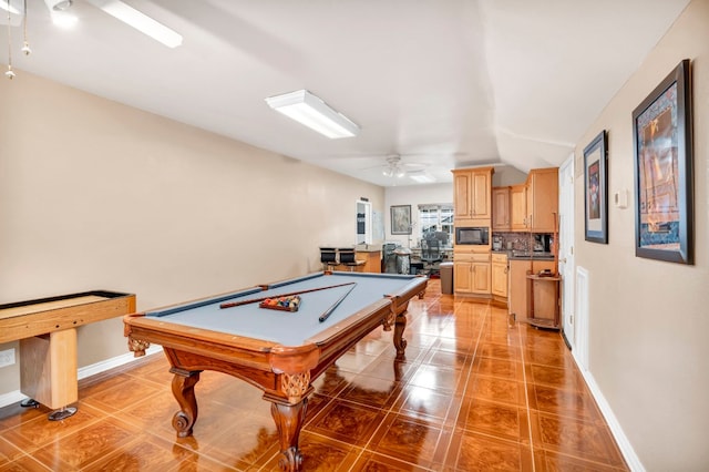 playroom with ceiling fan, tile patterned flooring, pool table, and lofted ceiling