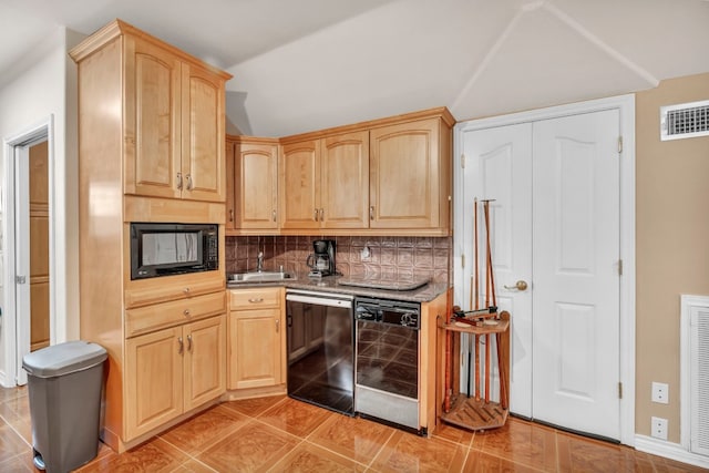 kitchen with black appliances, backsplash, light tile patterned floors, light brown cabinetry, and beverage cooler