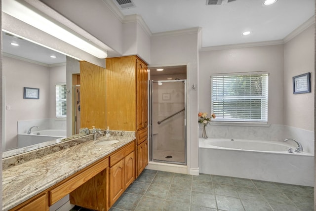 bathroom featuring independent shower and bath, vanity, tile patterned floors, and ornamental molding