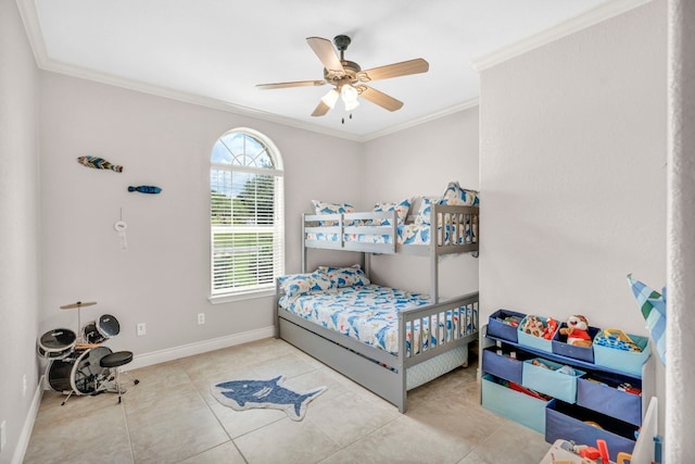 bedroom featuring light tile patterned floors, ceiling fan, and crown molding