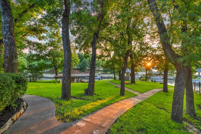 view of community with a lawn and a water view