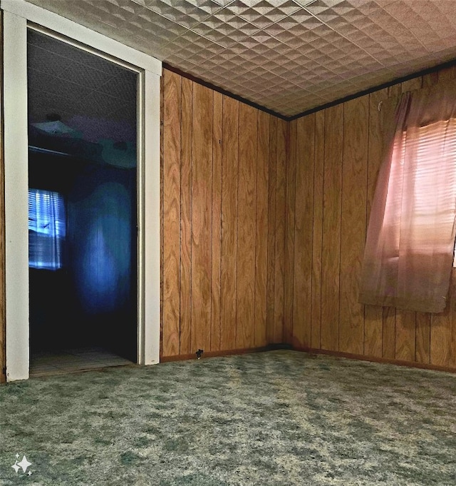 spare room with carpet and wood walls