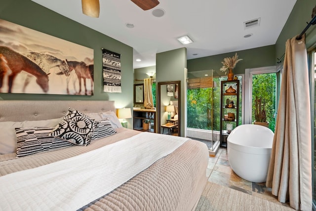 bedroom featuring visible vents, ceiling fan, recessed lighting, and stone tile flooring