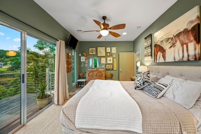bedroom with a ceiling fan and access to outside