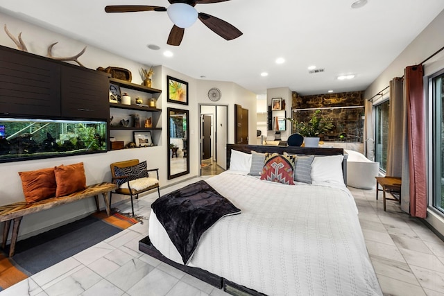 bedroom with recessed lighting, visible vents, and ceiling fan