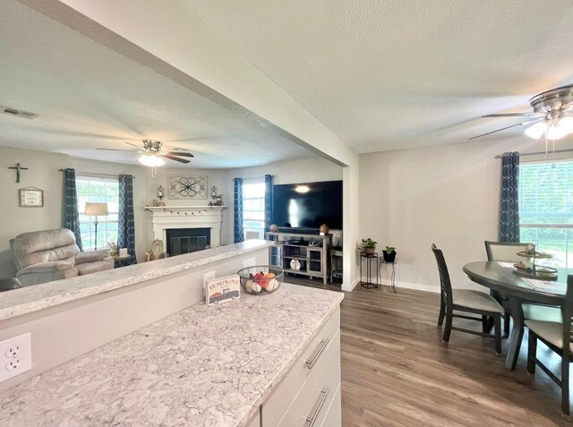 kitchen with light stone countertops, white cabinetry, ceiling fan, wood-type flooring, and a textured ceiling