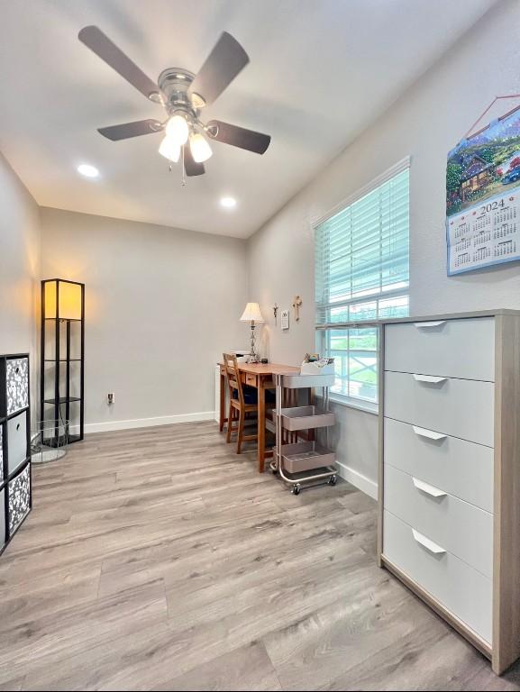 office with a ceiling fan, recessed lighting, baseboards, and wood finished floors