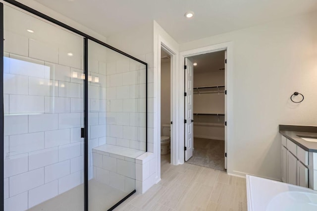 bathroom with a walk in closet, toilet, a stall shower, and vanity