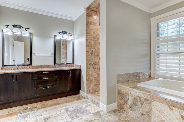 bathroom with tile patterned flooring, crown molding, dual vanity, and independent shower and bath