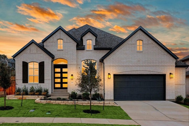 french country style house with a yard and a garage