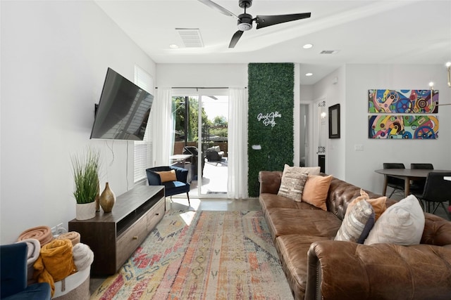 living room with ceiling fan