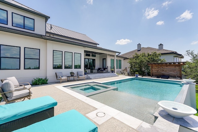 view of swimming pool featuring a pergola, an in ground hot tub, an outdoor living space, a patio area, and ceiling fan