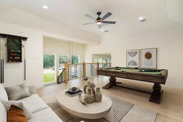 recreation room featuring ceiling fan, billiards, and light hardwood / wood-style floors