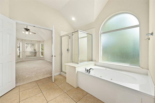 bathroom with tile patterned flooring, lofted ceiling, independent shower and bath, and ceiling fan