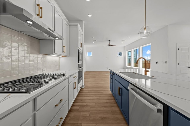 kitchen with blue cabinetry, under cabinet range hood, wood finished floors, stainless steel appliances, and a sink