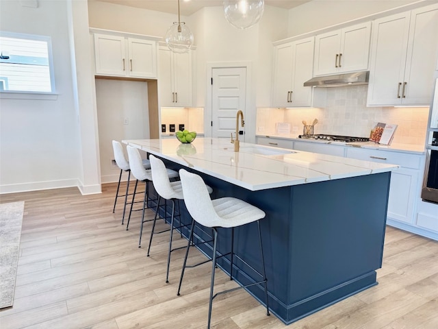 kitchen with a sink, under cabinet range hood, white cabinets, and appliances with stainless steel finishes