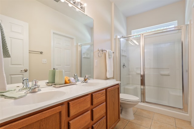 bathroom featuring tile patterned flooring, toilet, a shower with door, and dual bowl vanity