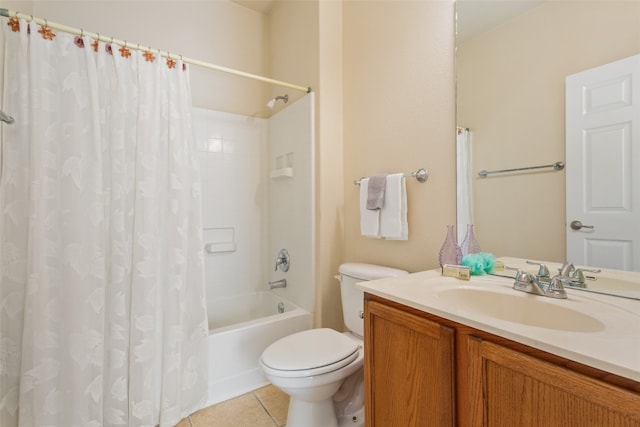 full bathroom with shower / bath combo, tile patterned floors, toilet, and vanity