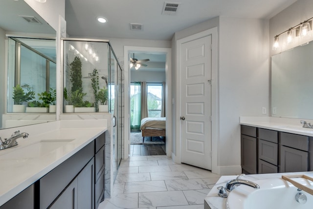 bathroom with vanity, separate shower and tub, and ceiling fan