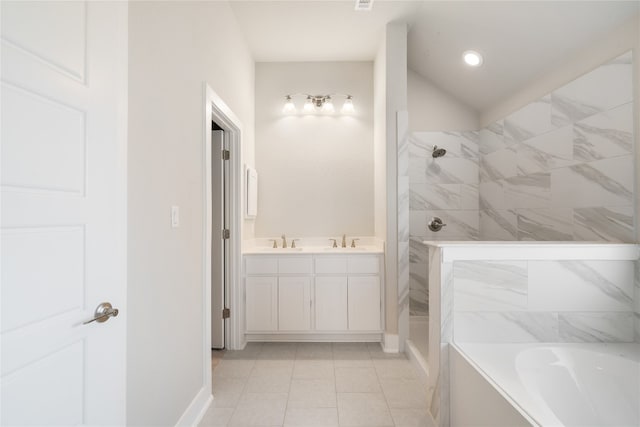 bathroom featuring tile patterned flooring, plus walk in shower, and dual vanity