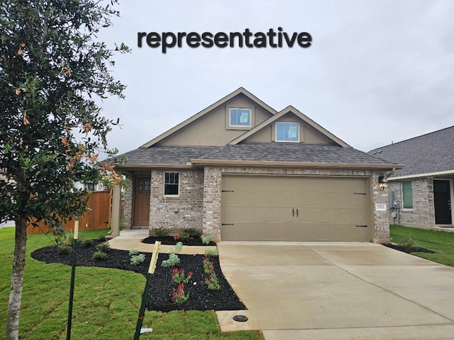 view of front of home with a garage, a shingled roof, fence, driveway, and a front lawn