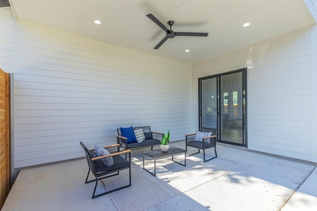 view of patio / terrace featuring ceiling fan and an outdoor hangout area