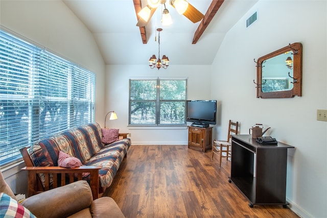 living room featuring vaulted ceiling with beams, ceiling fan with notable chandelier, and dark hardwood / wood-style floors