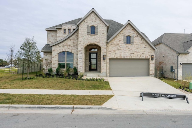 french country style house featuring a front lawn