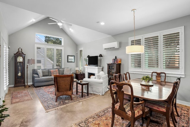 dining area featuring ceiling fan, an AC wall unit, and high vaulted ceiling