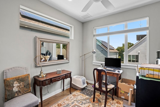 office featuring ceiling fan and wood-type flooring