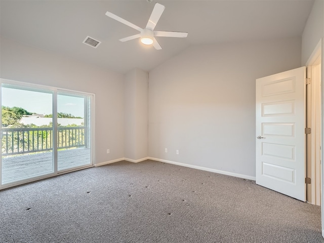 empty room with carpet floors, ceiling fan, and lofted ceiling