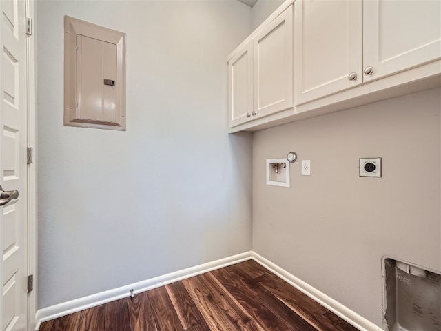 washroom with cabinets, washer hookup, dark hardwood / wood-style flooring, electric dryer hookup, and electric panel