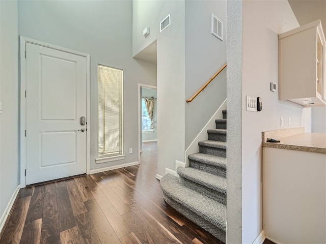 foyer with dark wood-type flooring and a high ceiling