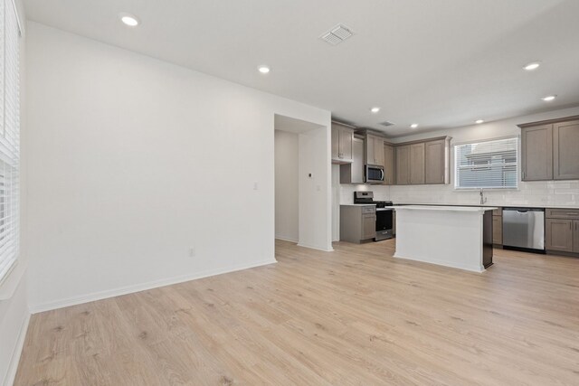 kitchen with tasteful backsplash, sink, light wood-type flooring, a kitchen island, and stainless steel appliances