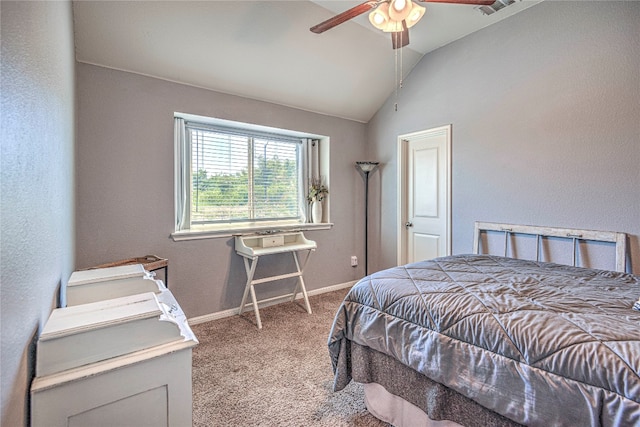 bedroom with lofted ceiling, ceiling fan, and carpet